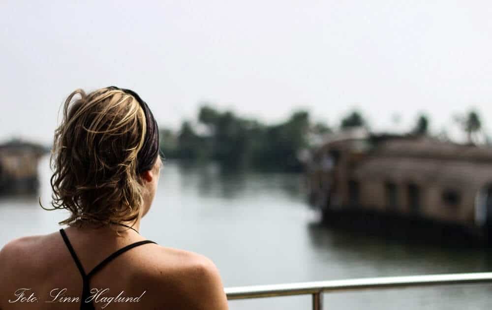 Enjoying the view from our houseboat in Alleppey, India