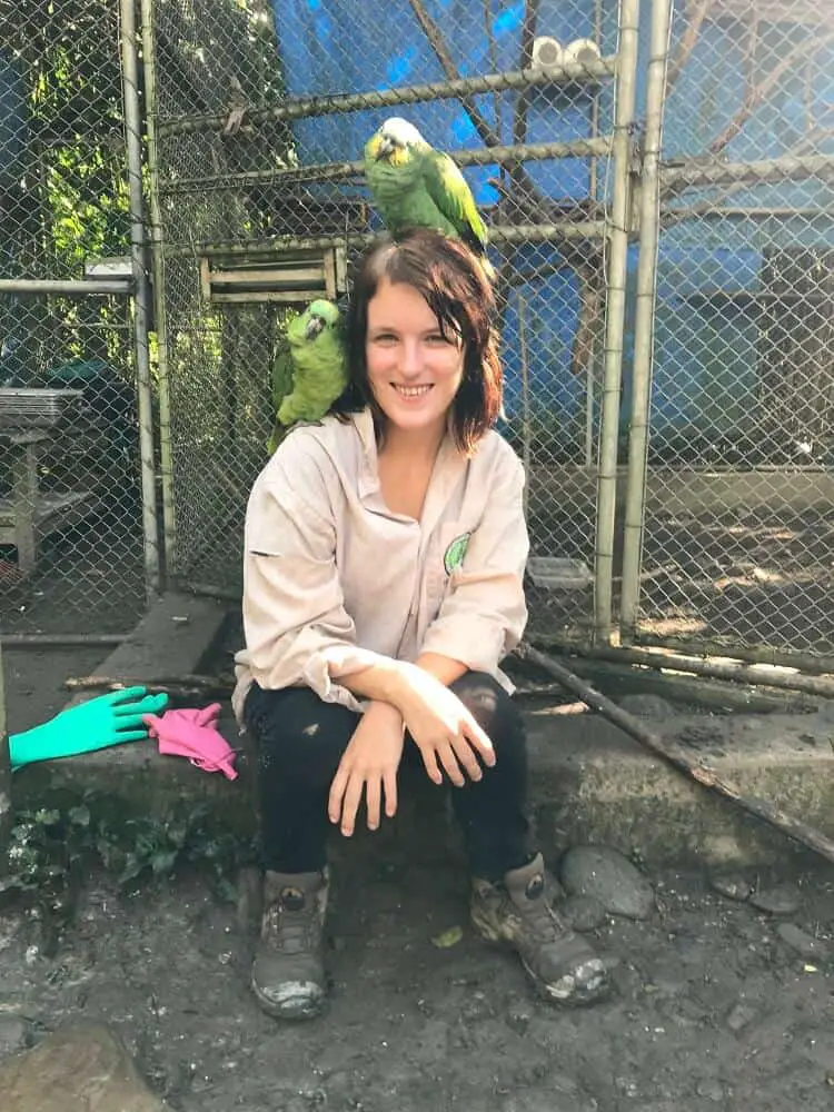 Lora with birds in the aviary