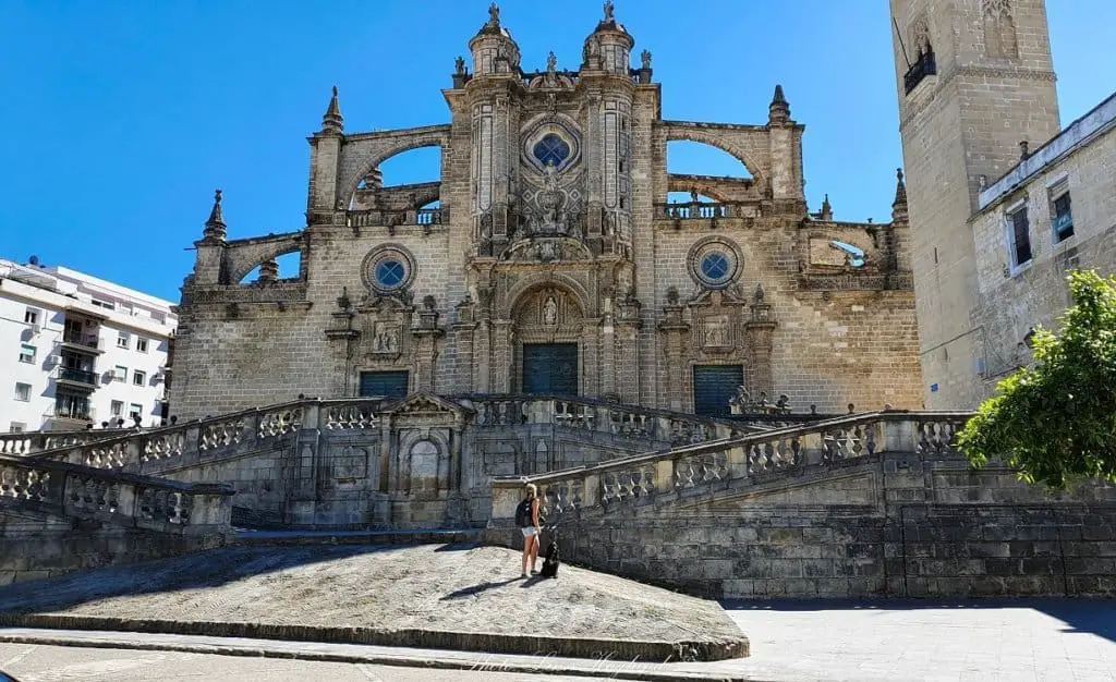 Me and my dog, Ayla, in front of the cathedral in Jerez de la Frontera in southern Spain. This is one of the most important attractions in Jerez.