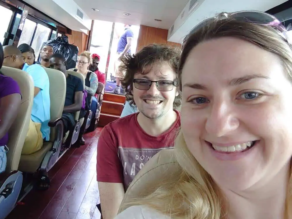 Steph and Lewis on a local water bus in St Kitts