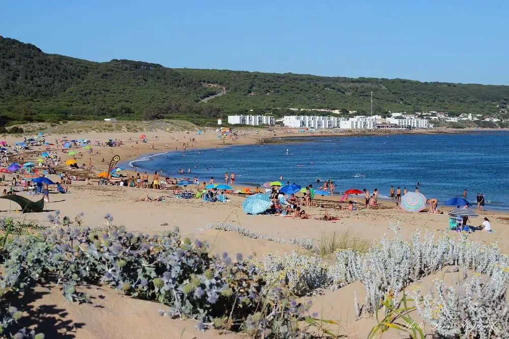Busy sand-blown beach in summer with people sunbathing and swimming in the glittering, blue water in Los Caños de Meca in southern Spain.