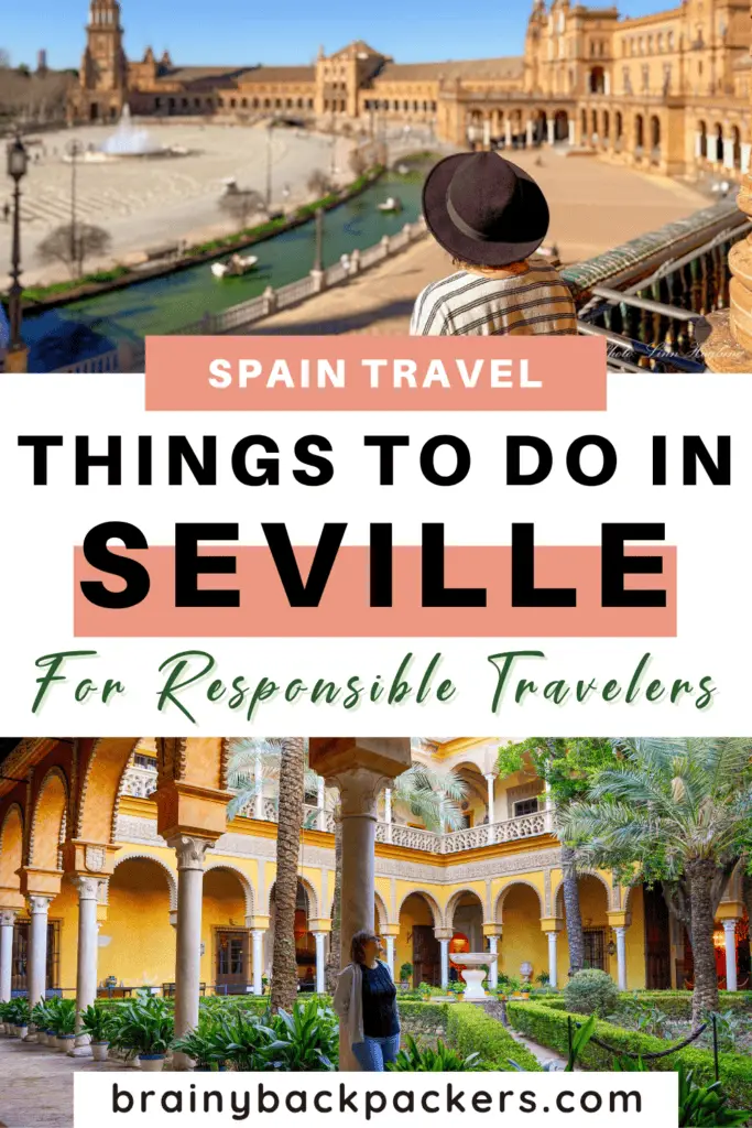 Pictures of me looking out on the large Plaza de España in Seville and another one of me standing in a beautiful patio with bright the yellow poticos of Palacio de las Dueñas in Seville. These are some of the best things to do in Seville, Spain.