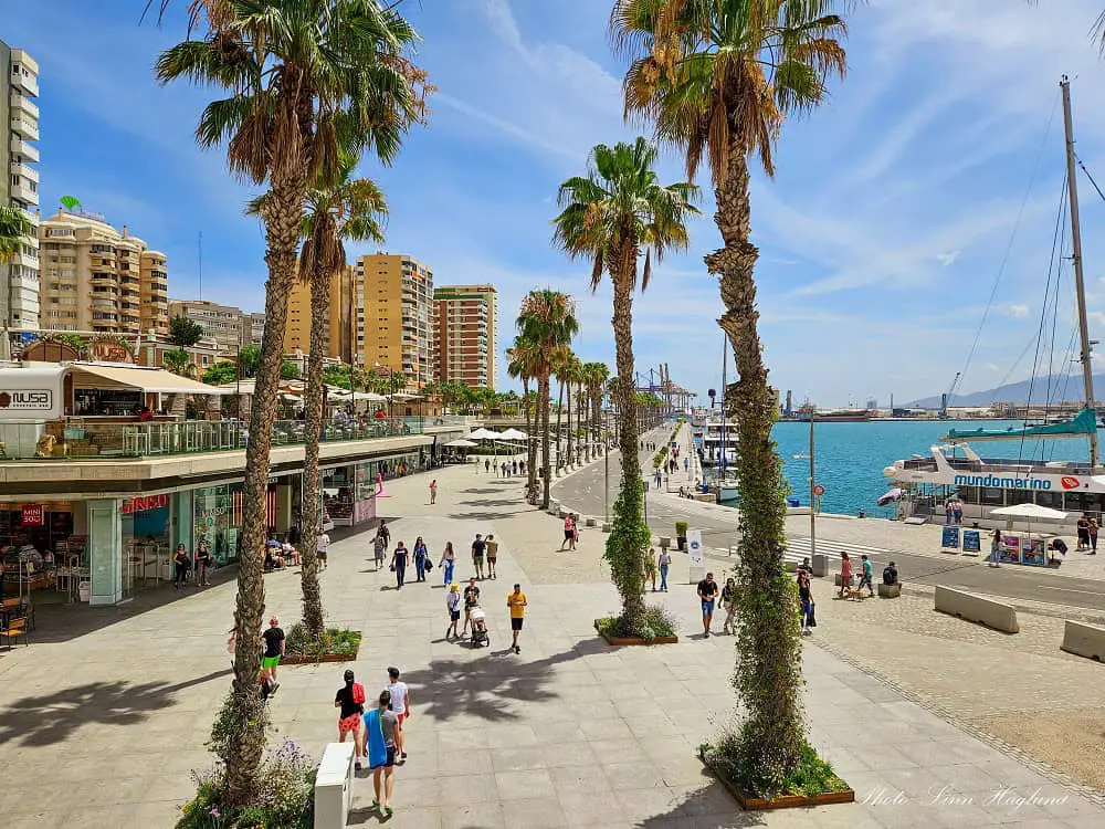 People walking on Muelle Uno during a day trip to Malaga.