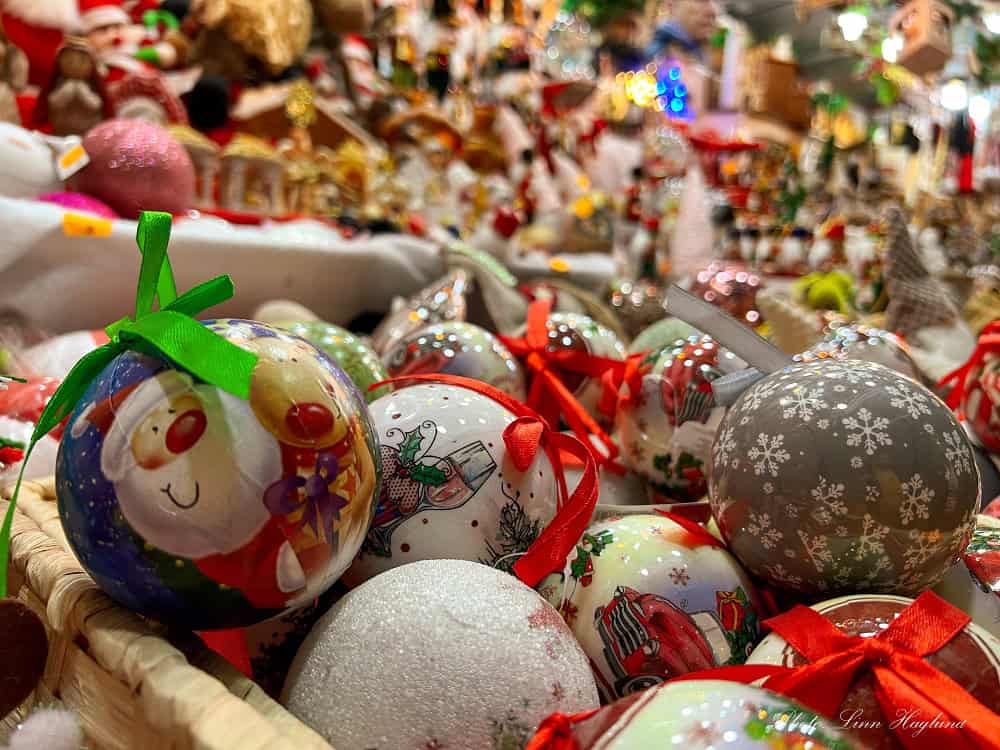 Christmas ornaments at a Christmas market.