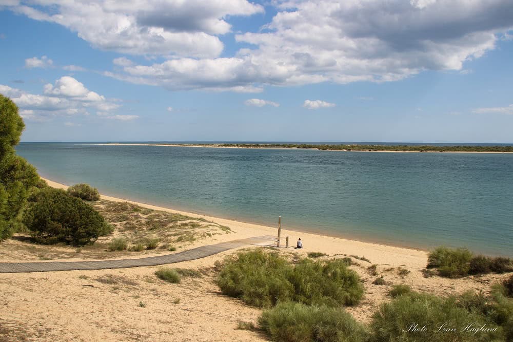 A wooden walkway leads down to the golden Nuevo Portil Beach through light vegetation of greeneries. This is one of the most beautiful beaches near Huelva and is partly set in a lagoon.