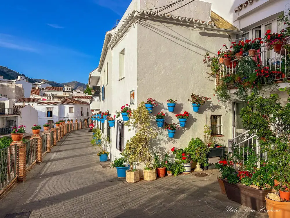 Colorful Street in Mijas with blue flowerpots on whitewashed walls.