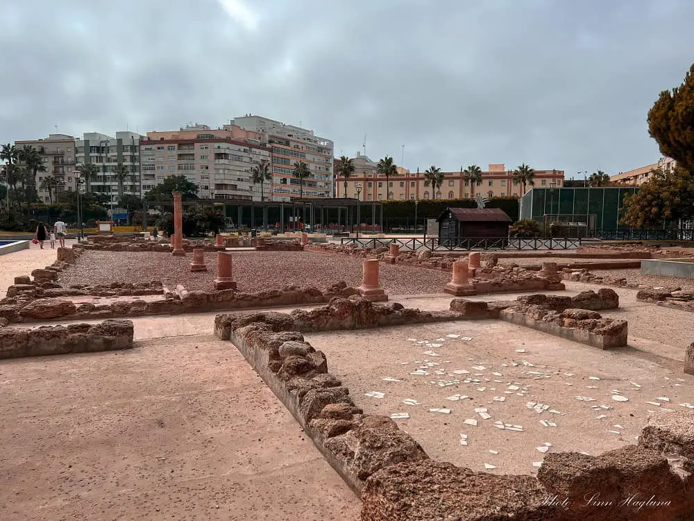 Roman remains of a mansion with mosaic floors in Jardin Erytheia Varela Norte in Cadiz Spain. This is one of the most valuable parks in Cadiz for history lovers due to the magniture of the archaeological site that is completely free to visit.