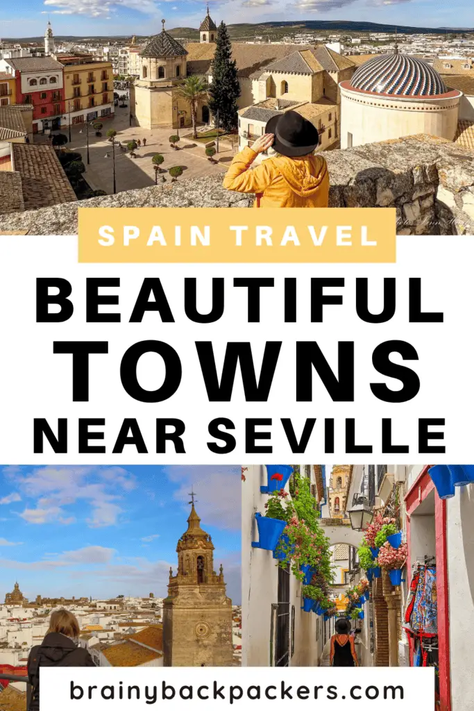 Beautiful cities, towns, and white villages near Seville with whitewashed houses, clock towers, and colorful pot plants.