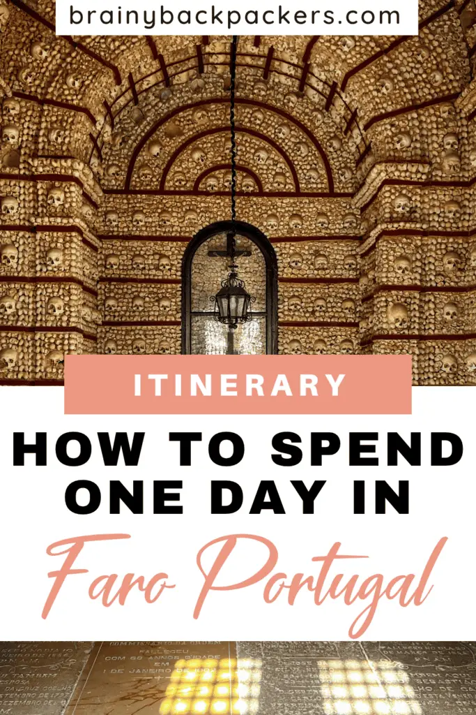 Bone chapel in the Carmo Church in Faro, Portugal, which is a must visit on a day trip to Faro Portugal.