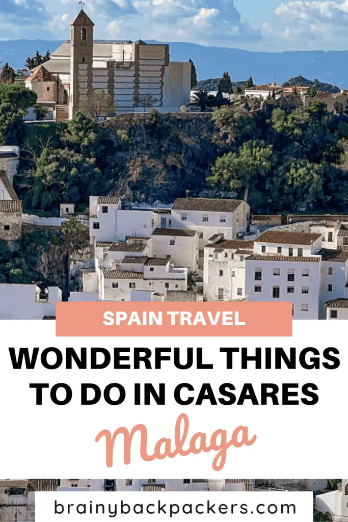 A dramatic hillside village with a church looming above it and the overlay text: "Things to do in Casares."