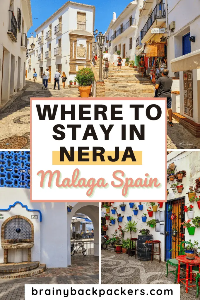 Beautiful places to stay in Nerja Spain with colorful pot plants and sea views.