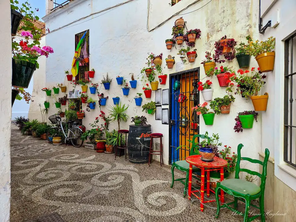 A whitewashed neighborhood with colorful pot plants, which is a great example of where to stay in Nerja.