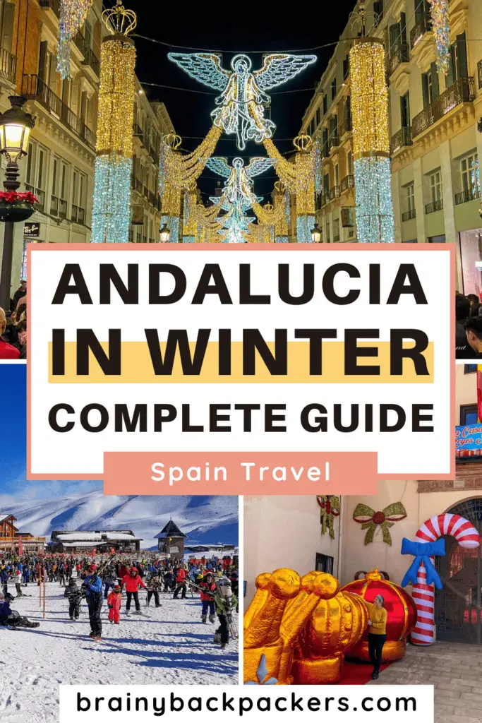 Snapshots from winter in Andalucia, Spain, of Christmas light shows, giant decorations, and people skiing in snowy mountains.