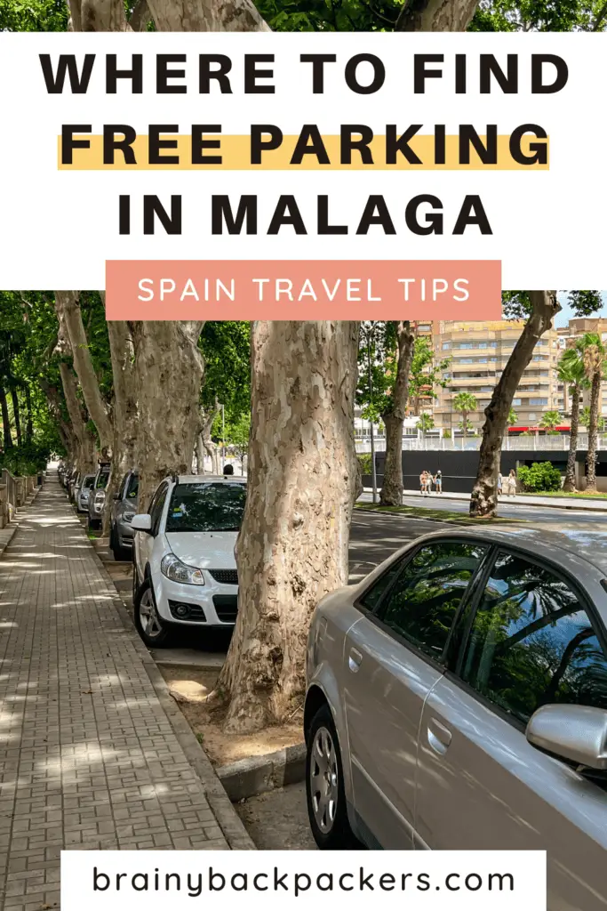 parked cars in a street and the overlay test: "Where to find FREE parking in Malaga Spain".