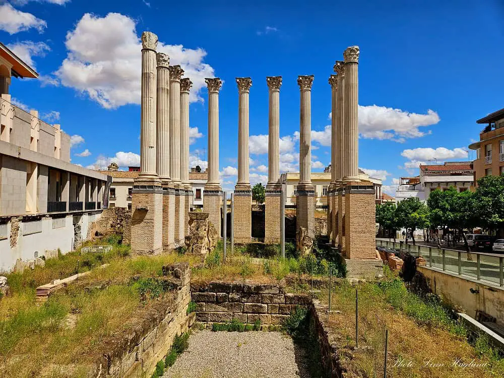 Tall columns of a Roman Temple in Cordoba Spain.