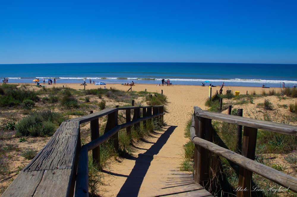 A wooden walkway across dunes with small bushes leading to Punta Umbria Beach on a sunny day, where people are sunbathing. This is located in Punta Umbria, Huelva, which is one of the best beach resorts near Seville Spain.