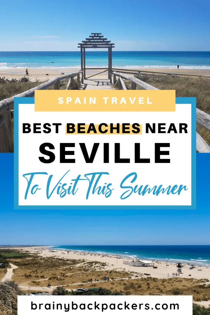 A wooden boardwalk leading to a long, empty, white beach and another wide beach seen from a viewpoint with many people sunbathing and dipping in the blue water. These are some of the best beaches near Seville that you can reach within an hour's drive from the city.