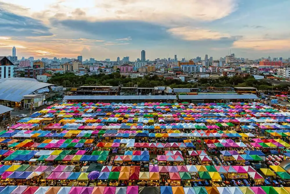 The colorful nightmarket at Ratchadapisek Bangkok seen from above.