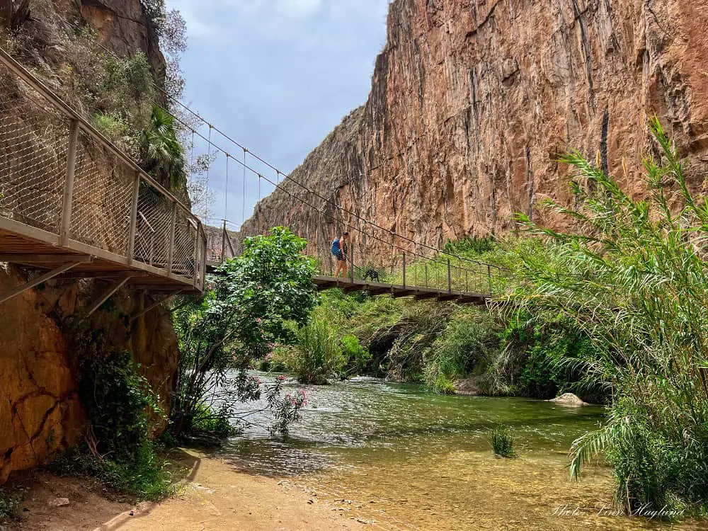 Me and my dog Atlas crossing a hanging bridge in a deep gorge.