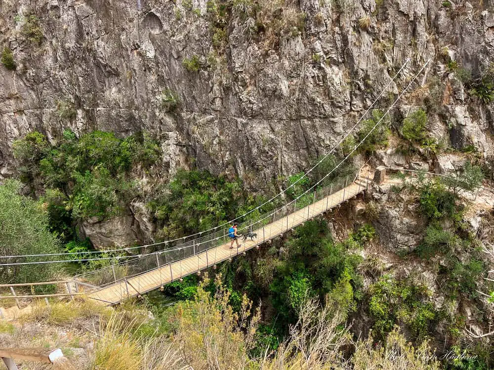 Me and Atlas crossing a large hanging bridge across a deep gorge on Ruta de los Puentes Colgantes Valencia.