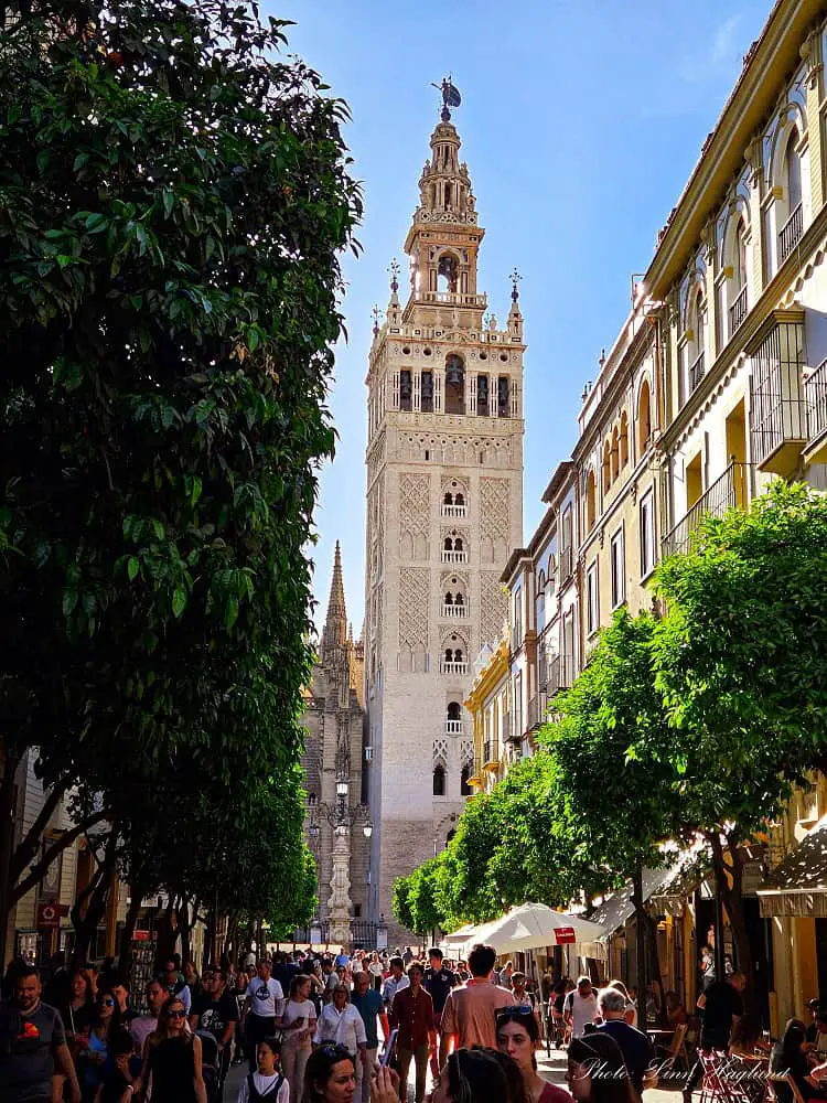 Giralda Tower in Seville seen at the end of a busy street.