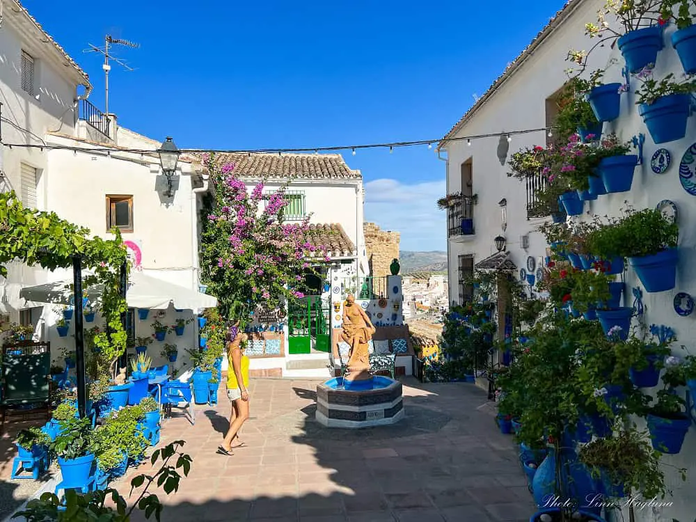 Patio in Iznajar village with blue pot plants on whitewashed walls.