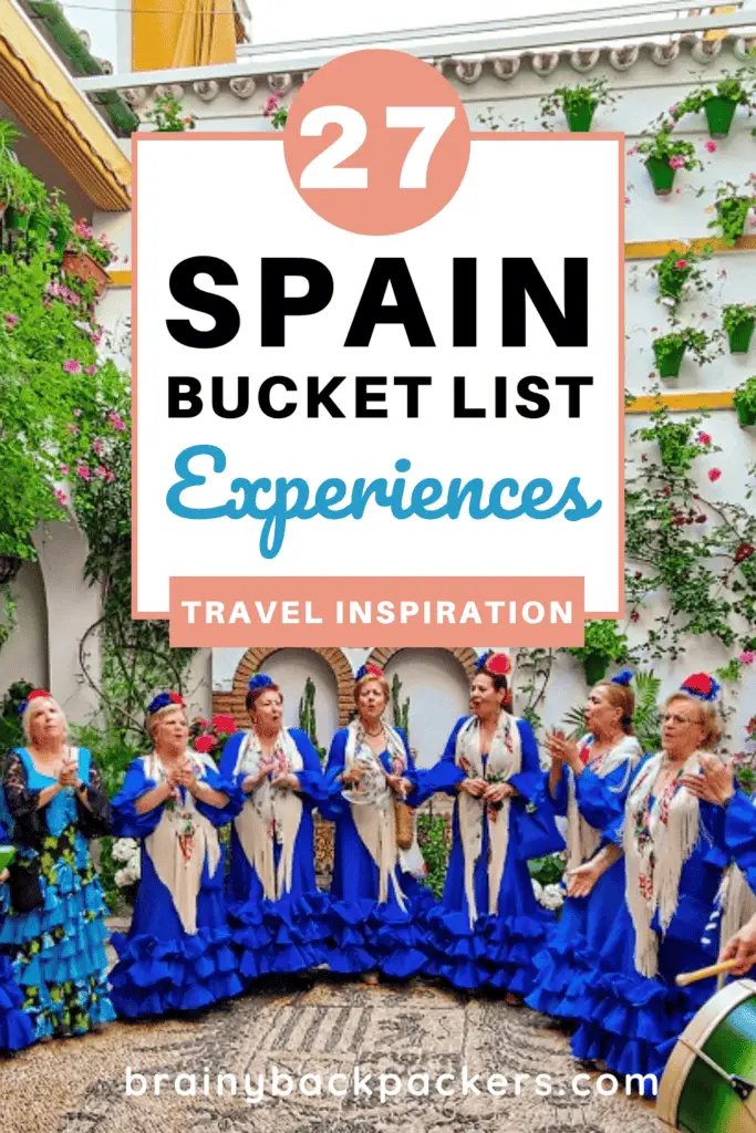 Pinterest image showing ladies in flamenco dresses and the text "Spain Bucket list experiences."