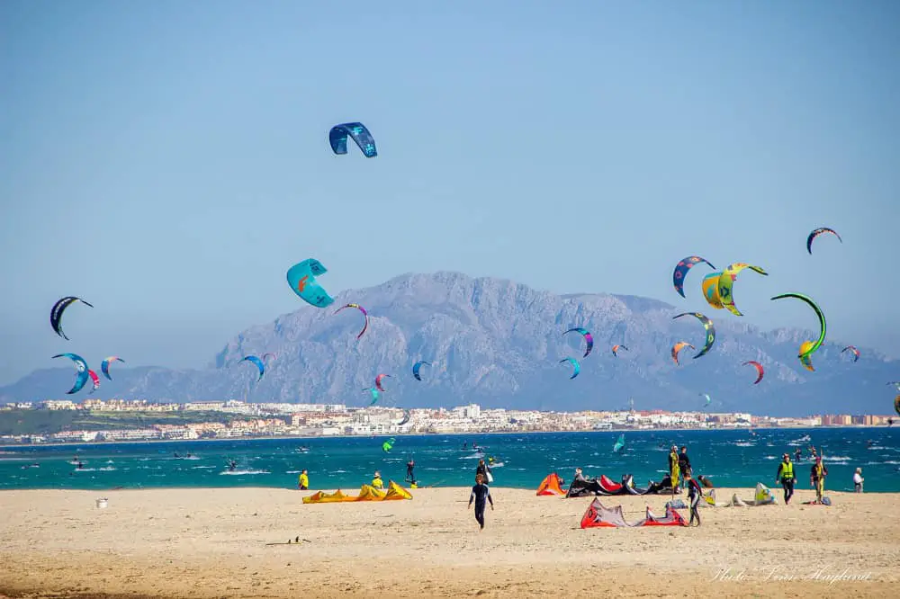 Kite surfers in the water outside Tarifa.