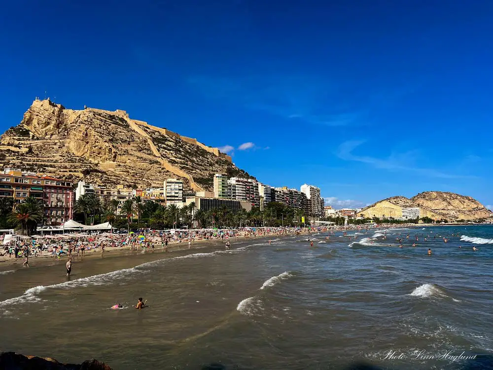 People sunbathing and swimming at Alicante Beach with the hilltop castle as a backdrop.