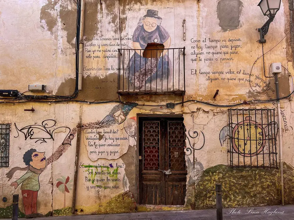 Street art in Alicante covering a worn down building.