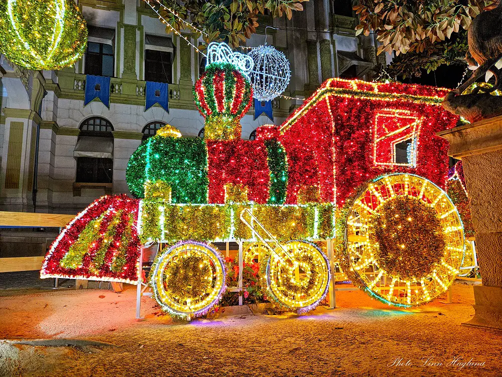 Alicante winter decorations of a train with lights.