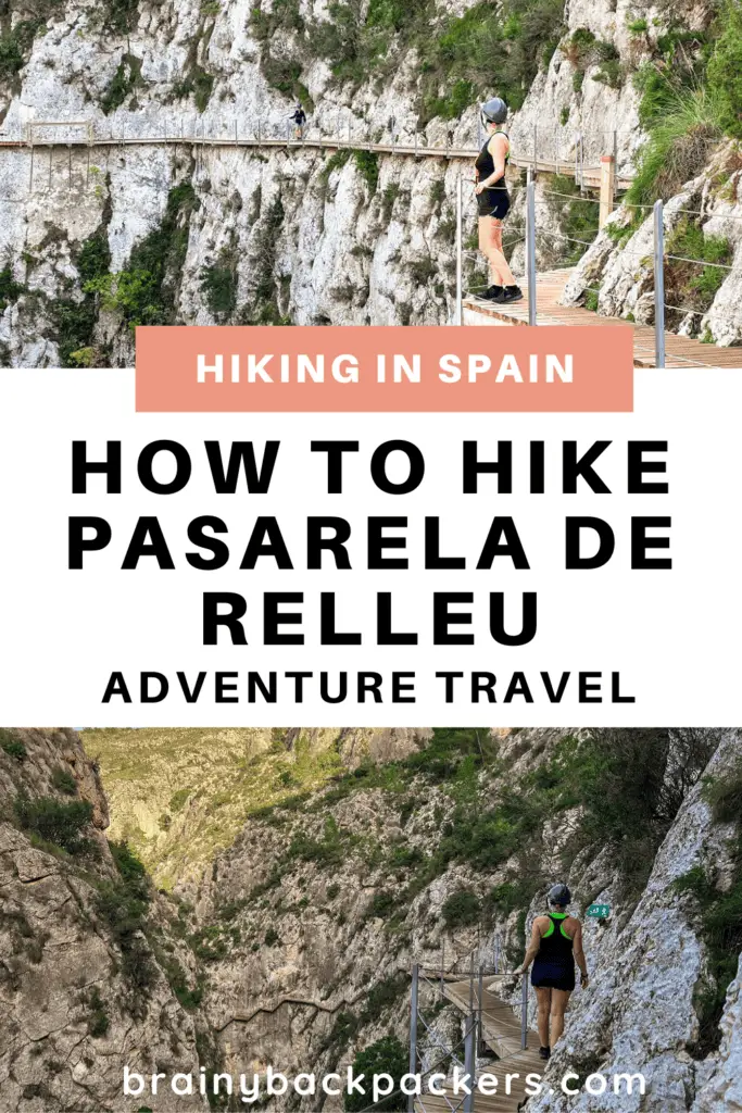 Pinterest image with photos of me walking the Pasarela de Relley walkway and text saying "How to hike Pasarela de Relleu."