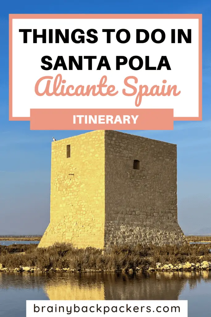 Pinterest image of a tower in the salt flats with overlay text saying "Things to do in Santa Pola".