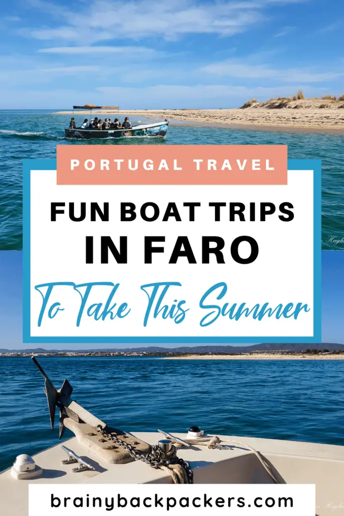 Groups of tourists on Faro boat tours in the blue sea of Ria Formosa Natural Park, with sandy islands in the background. This is one of the best things to do in Faro in southern Portugal.