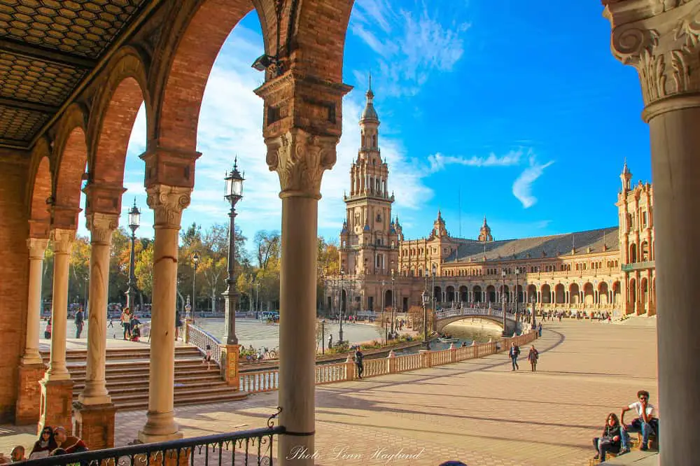 columnds, towers, and a man-made lagoon in Plaza de España, which is a must visit in 3 days in Seville.