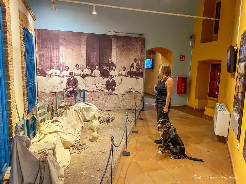 Me and Atlas in Sant aPola Castle Museum looking at how women used to repair fishing nets.