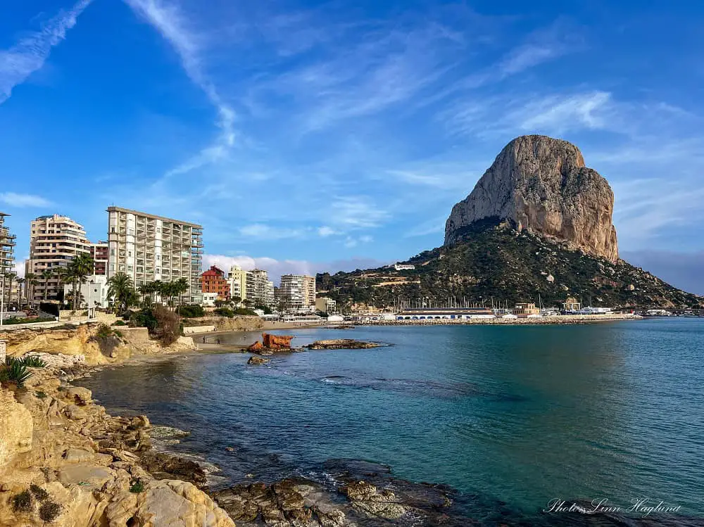 Calpe beach walk with views of Peñon de Ifach rock.