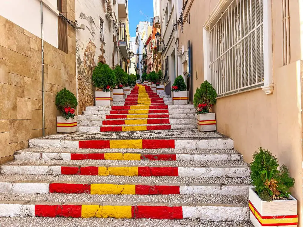 Spanish flag steps in the Old Town in Calpe.