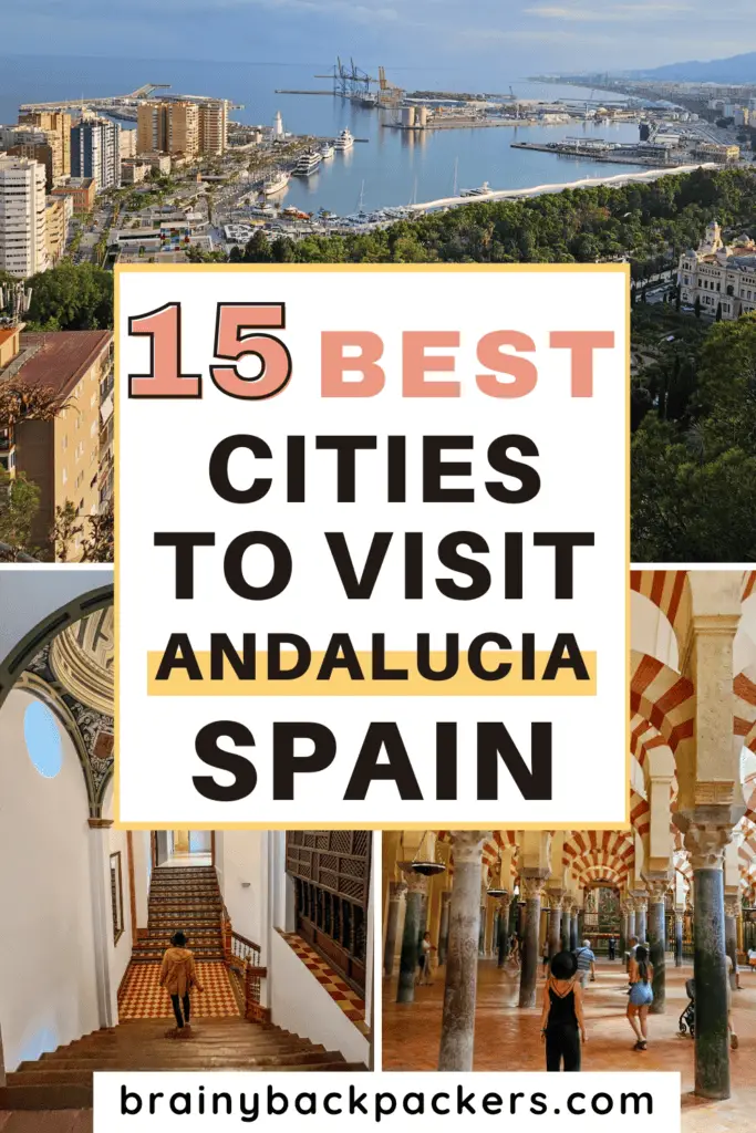 Pictures of beautiful historical cities and the overlay text: "Cities in Andalucia to visit."