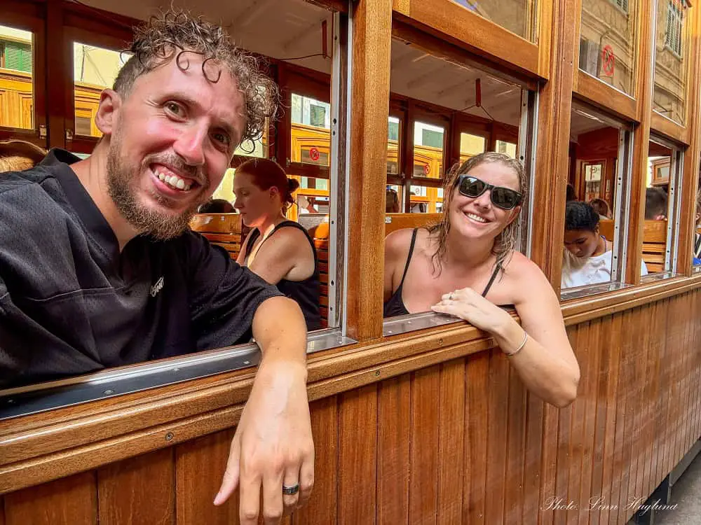 Taking the Port de Soller tram.