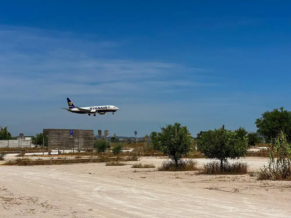 A Ryanair plane landing in Faro, Portugal.