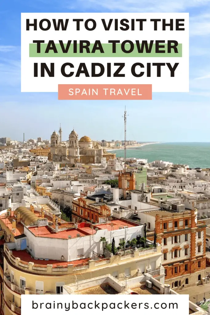 Beautiful views of Cadiz city from the Tavira Tower. You can see the rooftops and the cathedral leading to the deep blue Atlanthic Ocean, and in the far end of the city there are long, golden beaches.