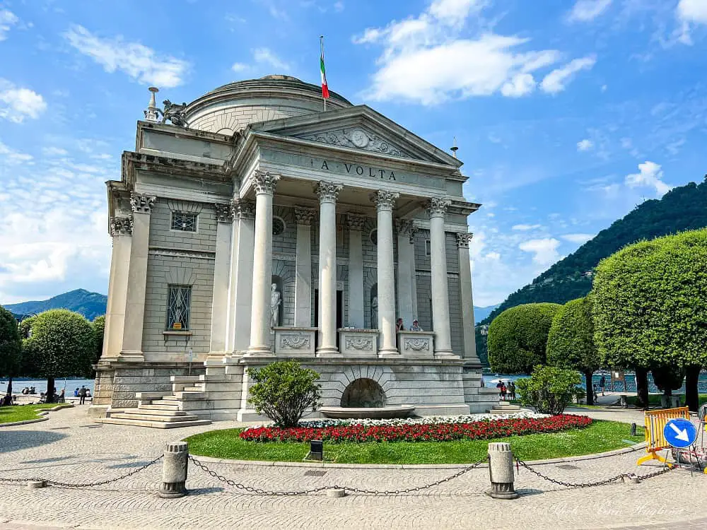 The temple-museum Temio Volitano on the lakefront of Lake Como. It's surrounded by groomed gardens and is one of the top attractions in Como, Italy.