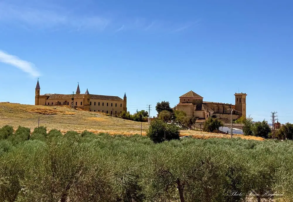 Osuna University and the Collegiate Church of Our Lady of the Assumption seen across olive groves and yellow fields on a sunny day. These are two of the most prominent tourist attractions near Coto de la Cantera in Osune, Seville Province in Spain.