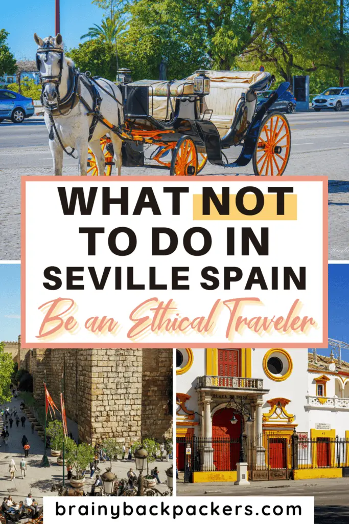 Pictures of horse-drawn carriages and Seville bullring with the overlay text: What Not To Do in Seville Spain as An Ethical Traveler.